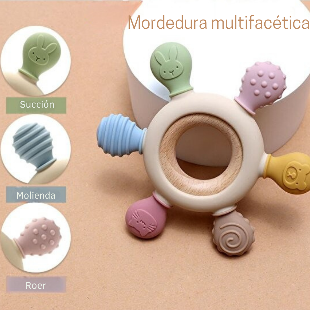 Mordedor de silicona y madera apto para bebés