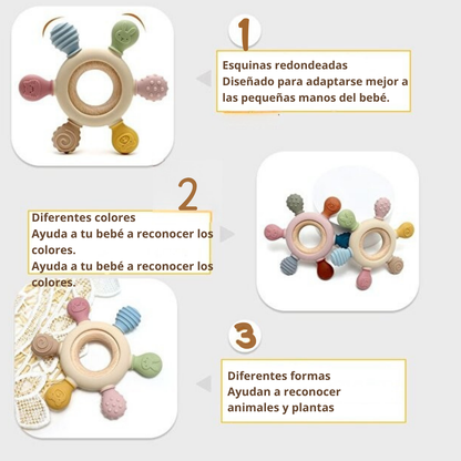 Mordedor de silicona y madera apto para bebés