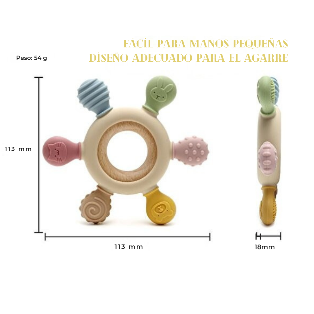 Mordedor de silicona y madera apto para bebés